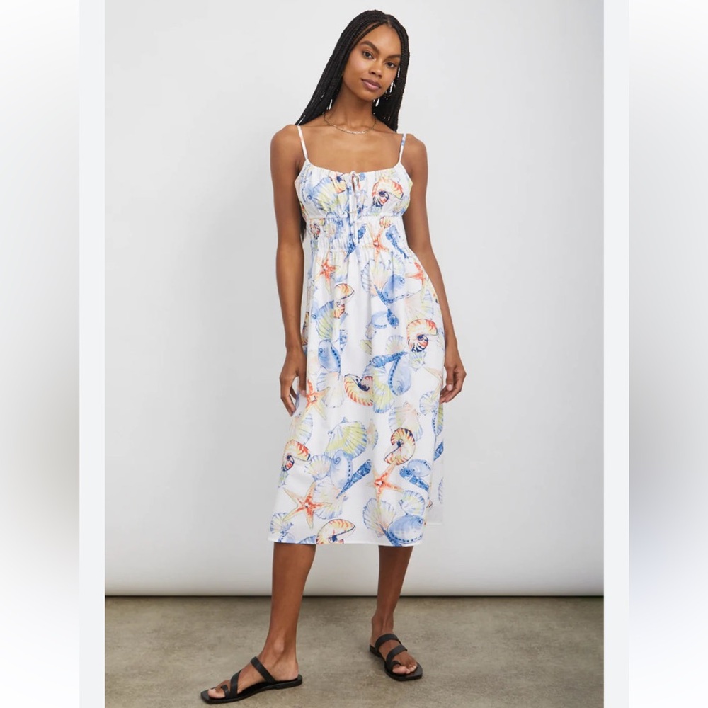 Rails Octavia Seashells Midi Dress Size 6 White Blue Organic Cotton Coastal Chic